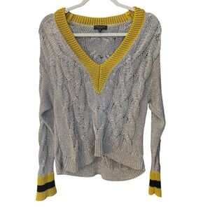 Rag & Bone Emma Metallic Silver & Mustard V-Neck Cable Knit Cropped Sweater Sz M